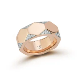 QUENTIN 18K ROSE GOLD AND DIAMOND FACETED HEXAGON BAND RING