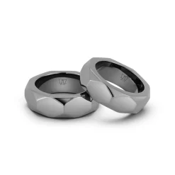 QUENTIN STERLING SILVER AND BLACK RHODIUM FACETED HEXAGON BAND RING