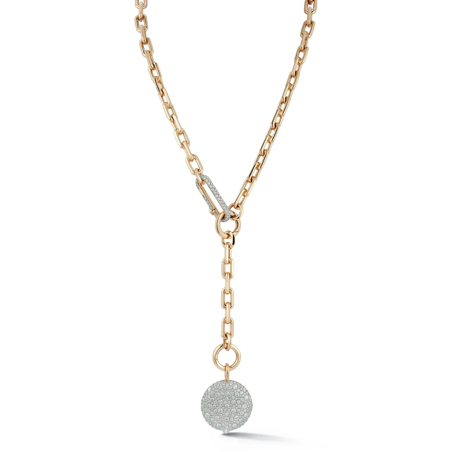 SAXON 18K GOLD CHAIN LINK NECKLACE WITH ELONGATED DIAMOND LINK CLASP AND REMOVABLE EXTENSION CHAIN