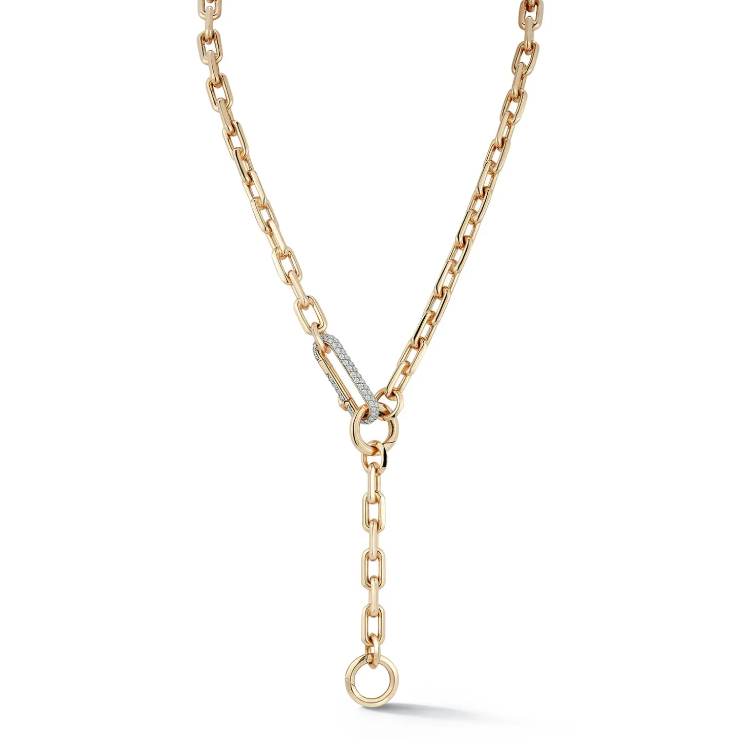 SAXON 18K GOLD CHAIN LINK NECKLACE WITH ELONGATED DIAMOND LINK CLASP AND REMOVABLE EXTENSION CHAIN