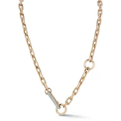 SAXON 18K GOLD CHAIN LINK NECKLACE WITH ELONGATED DIAMOND LINK CLASP AND REMOVABLE EXTENSION CHAIN