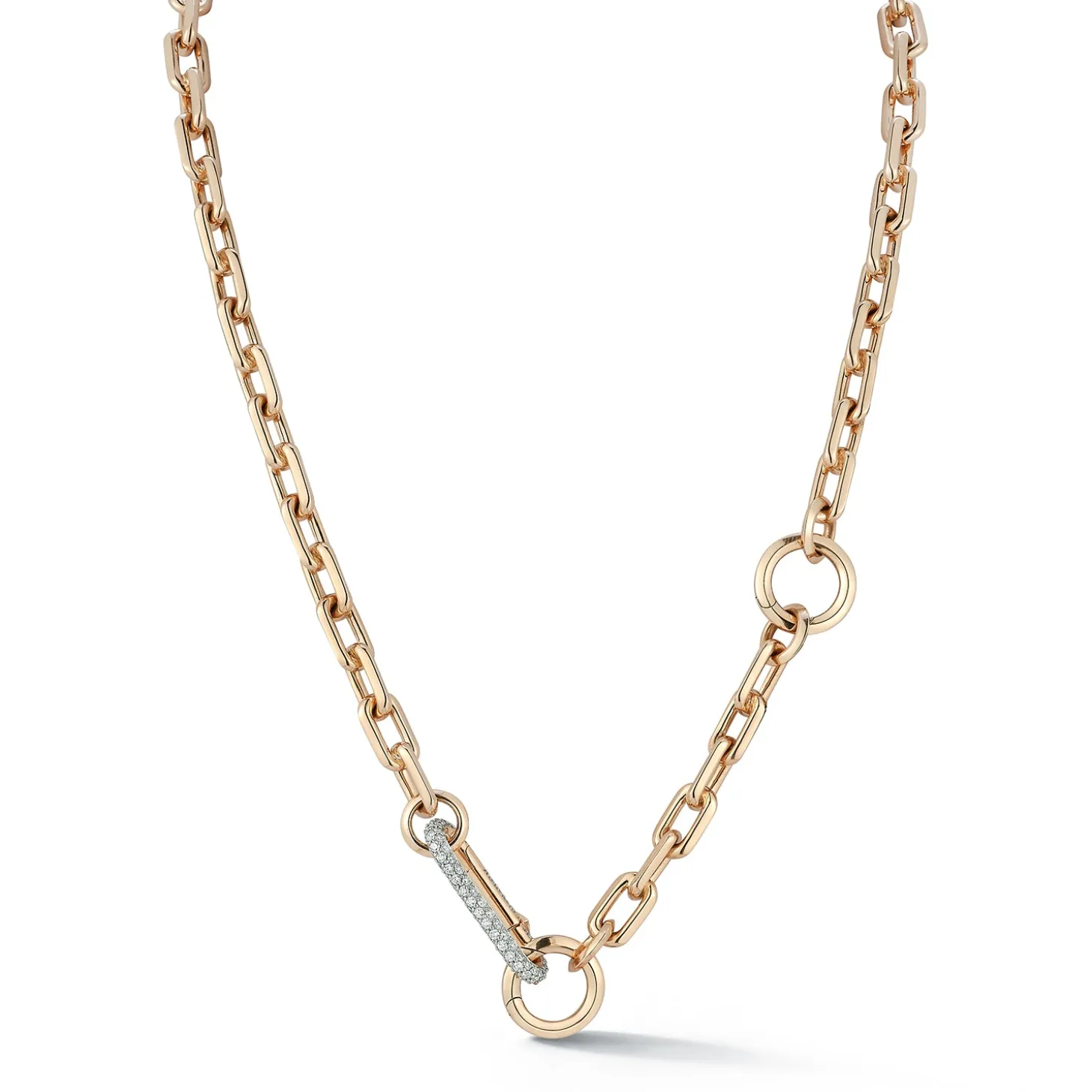 SAXON 18K GOLD CHAIN LINK NECKLACE WITH ELONGATED DIAMOND LINK CLASP AND REMOVABLE EXTENSION CHAIN